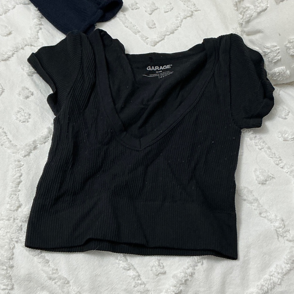 Garage Black Ribbed V-Neck Tee